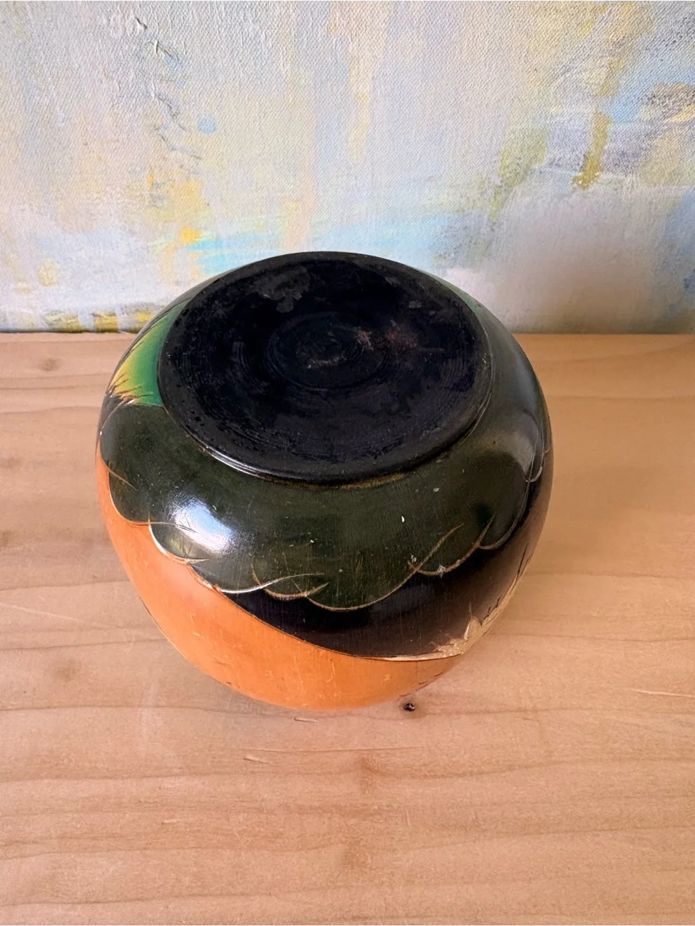 Vintage Latin American Hand-Carved Wooden Vase with Bird and Mountain Motif